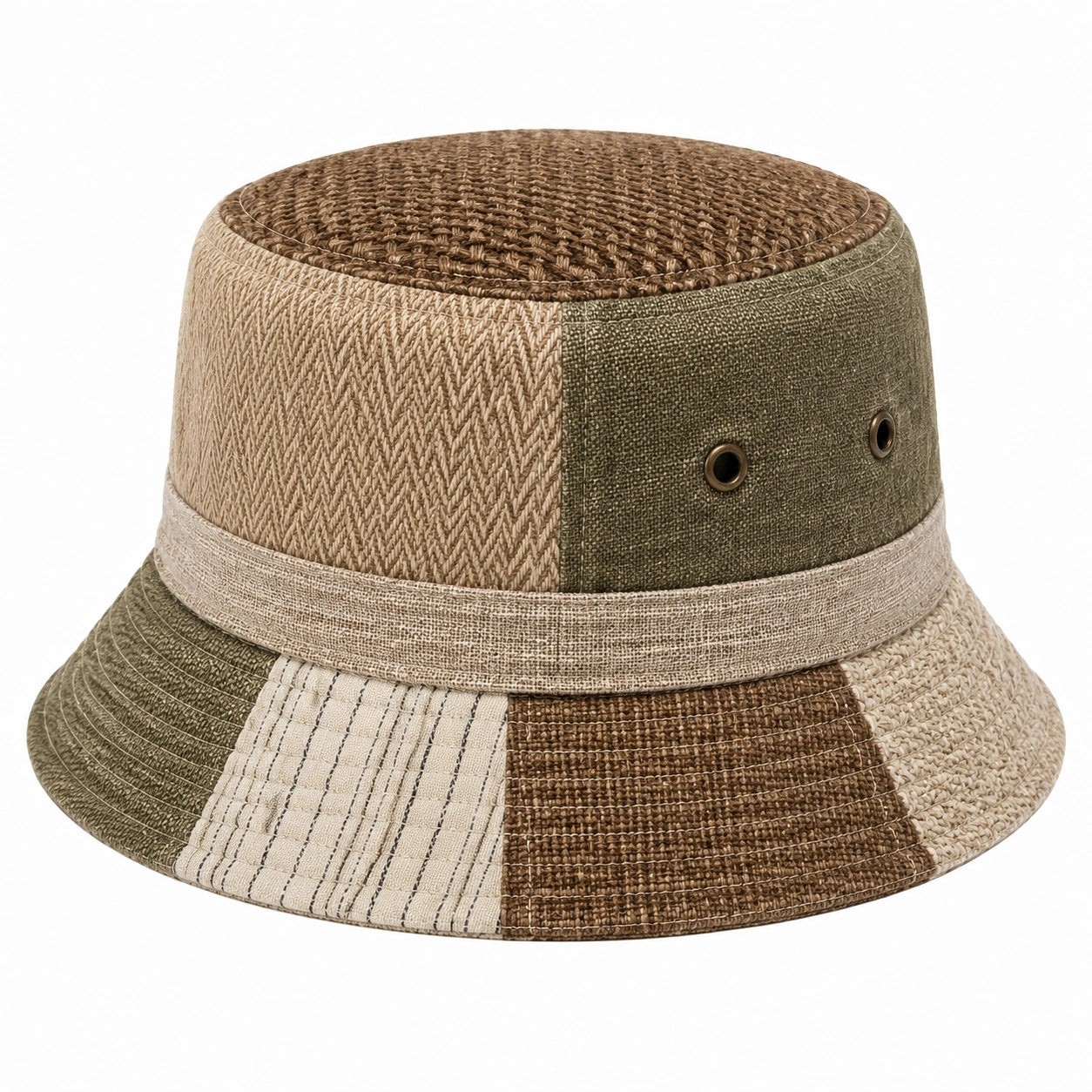 Fischerhut Einheitsgröße aus Textil in Braun Beige Grün Patchwork-Stil mit Krempe