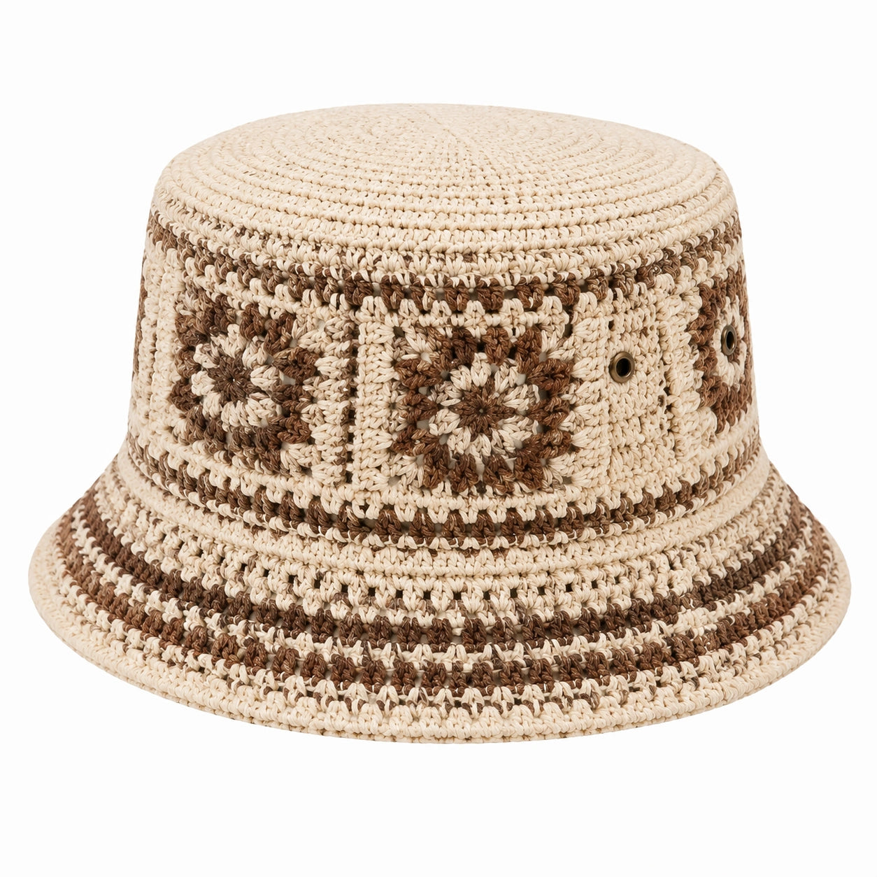 Bucket Hat Einheitsgröße aus Textilgarn in Creme/Braun mit Häkelmuster