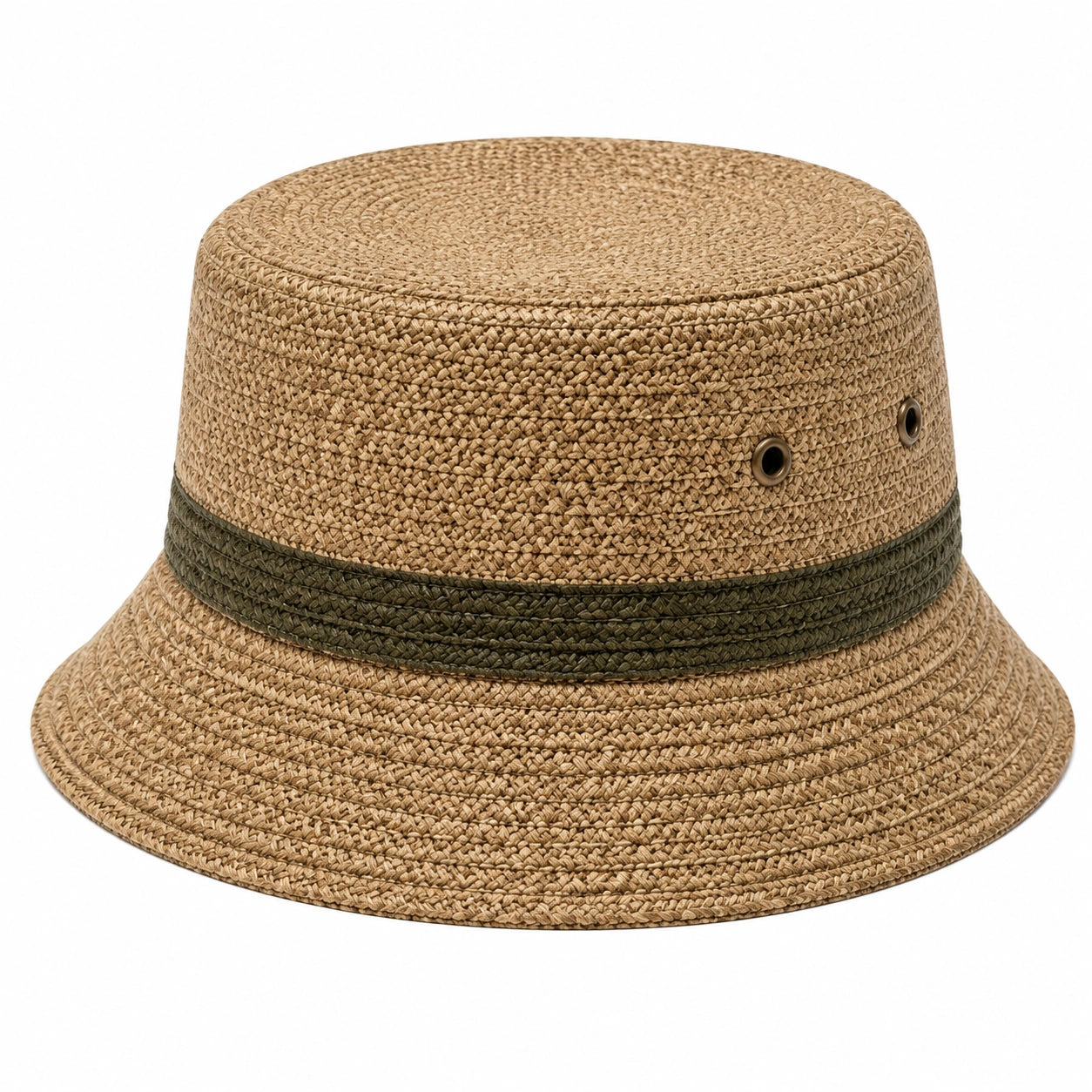 Bucket Hat Einheitsgröße aus geflochtenem Naturfaser-Material Beige/Olive mit Belüftungsösen