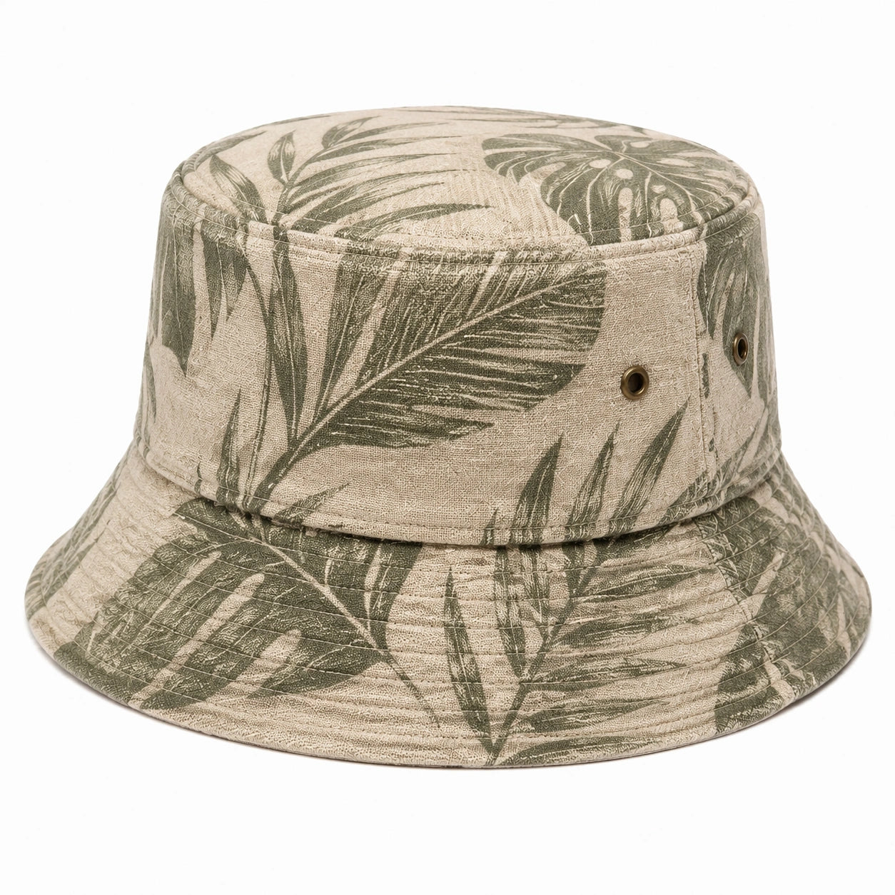 Bucket Hat Einheitsgröße aus Textil Beige/Grün mit Blattmuster für Freizeit