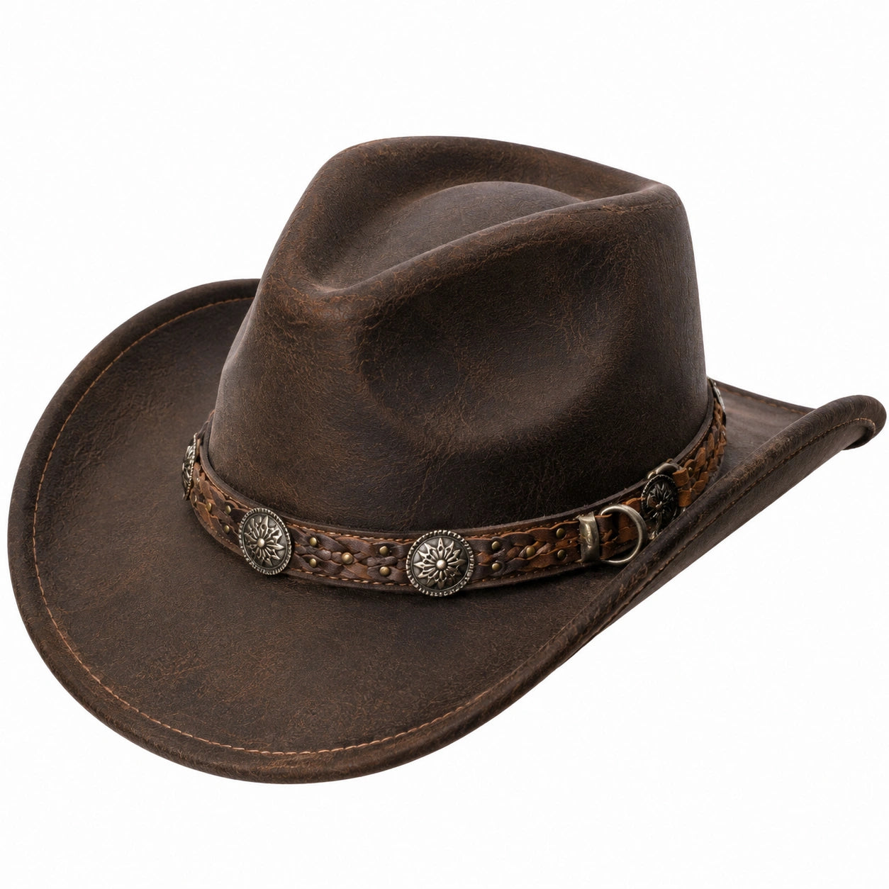 Cowboyhut Einheitsgröße braun lederähnliches Material mit Zierband Westernstil