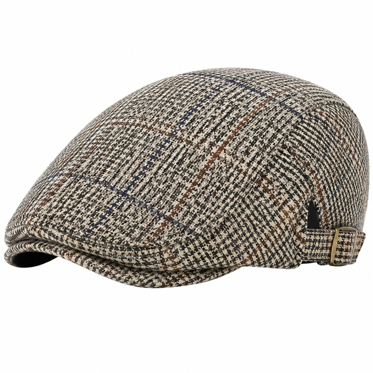 Schiebermütze Einheitsgröße aus Webstoff Beige Schwarz Braun mit Karomuster und verstellbarem Riemen