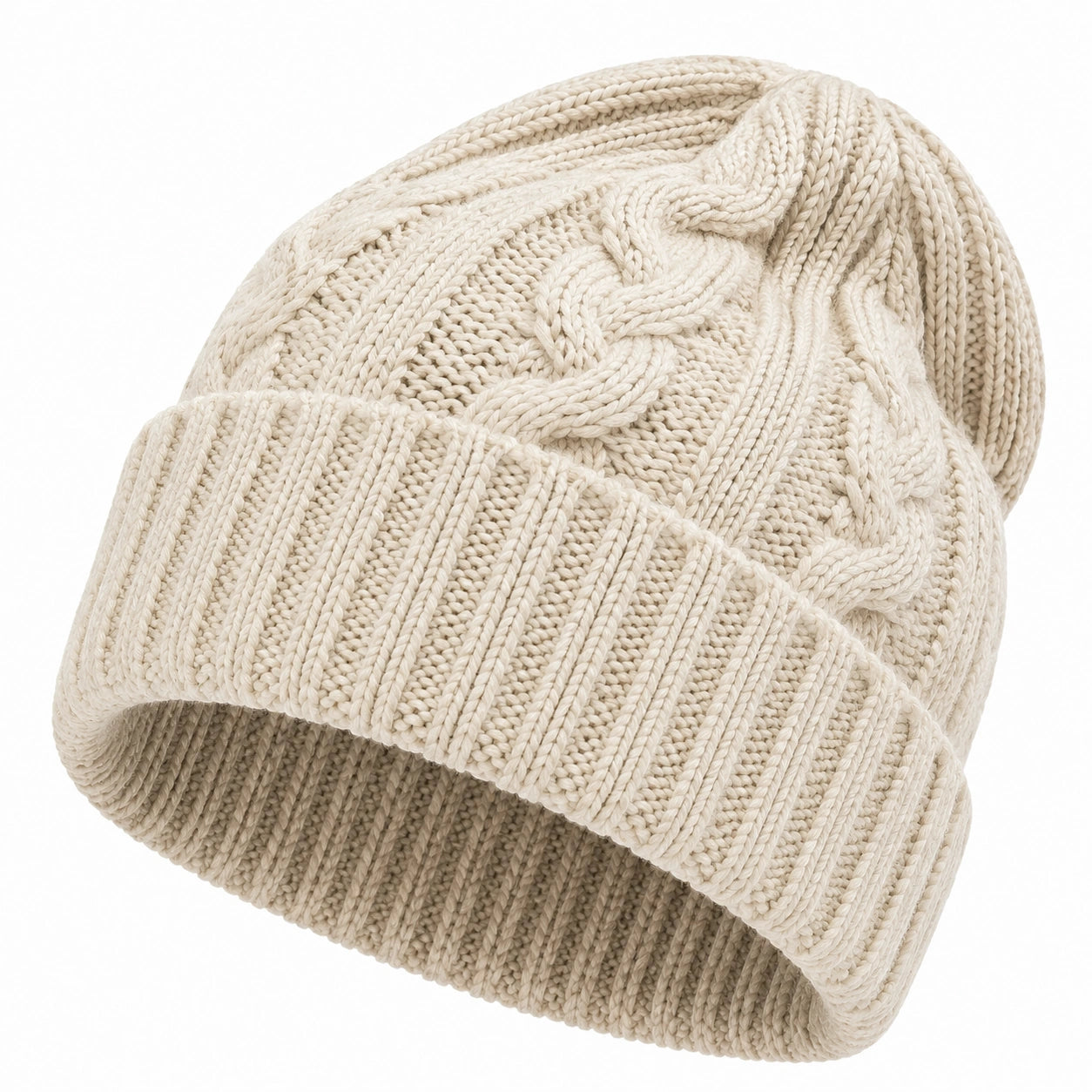 Strickmütze Einheitsgröße Creme mit Umschlag und Zopfmuster