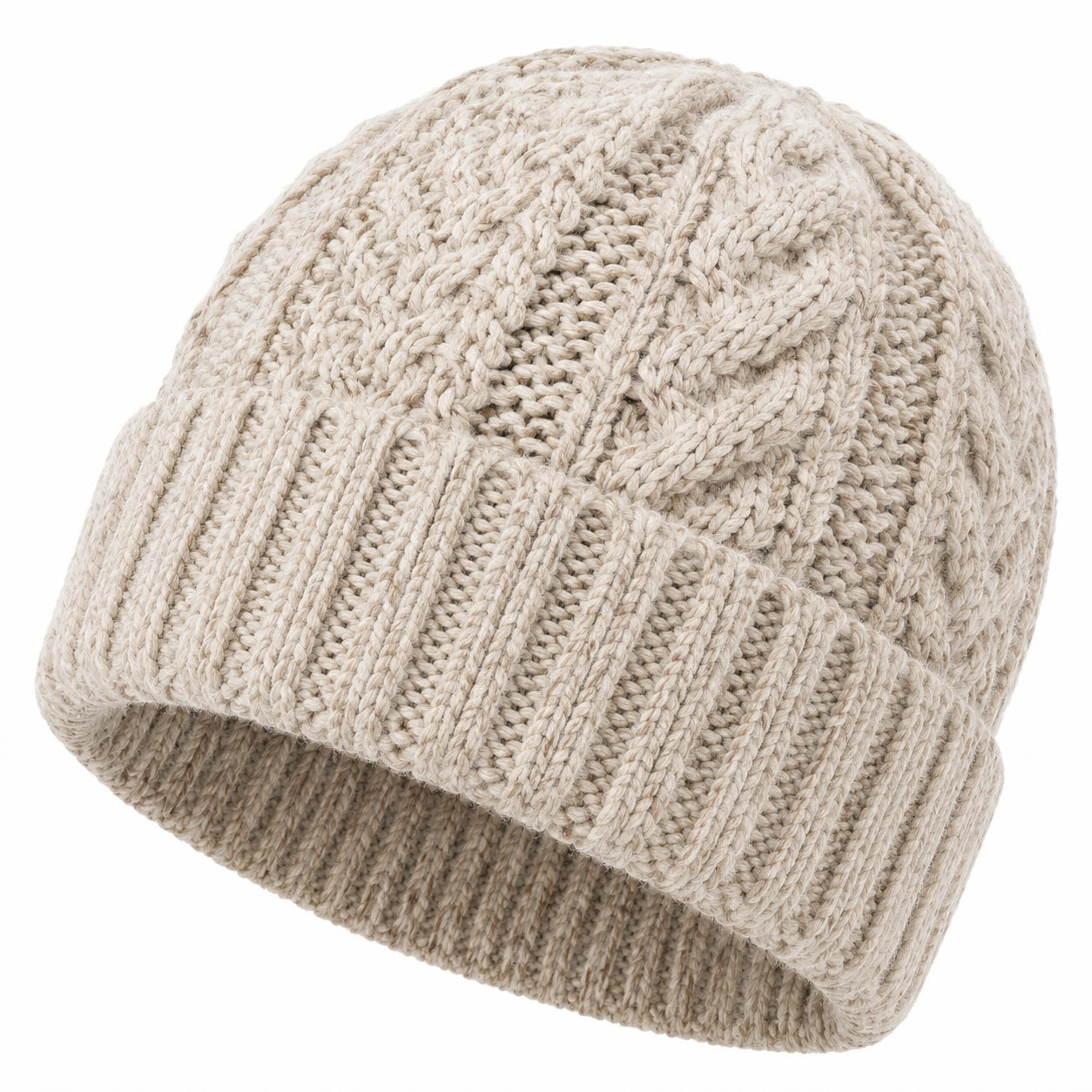 Strickmütze Einheitsgröße Beige mit Umschlag und Zopfmuster