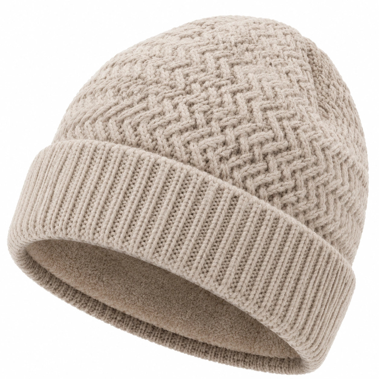 Strickmütze Einheitsgröße Beige mit Fleecefutter für Damen und Herren