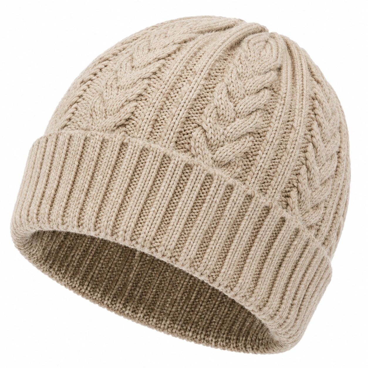 Strickmütze Einheitsgröße Beige mit Zopfmuster und Umschlag für kalte Tage